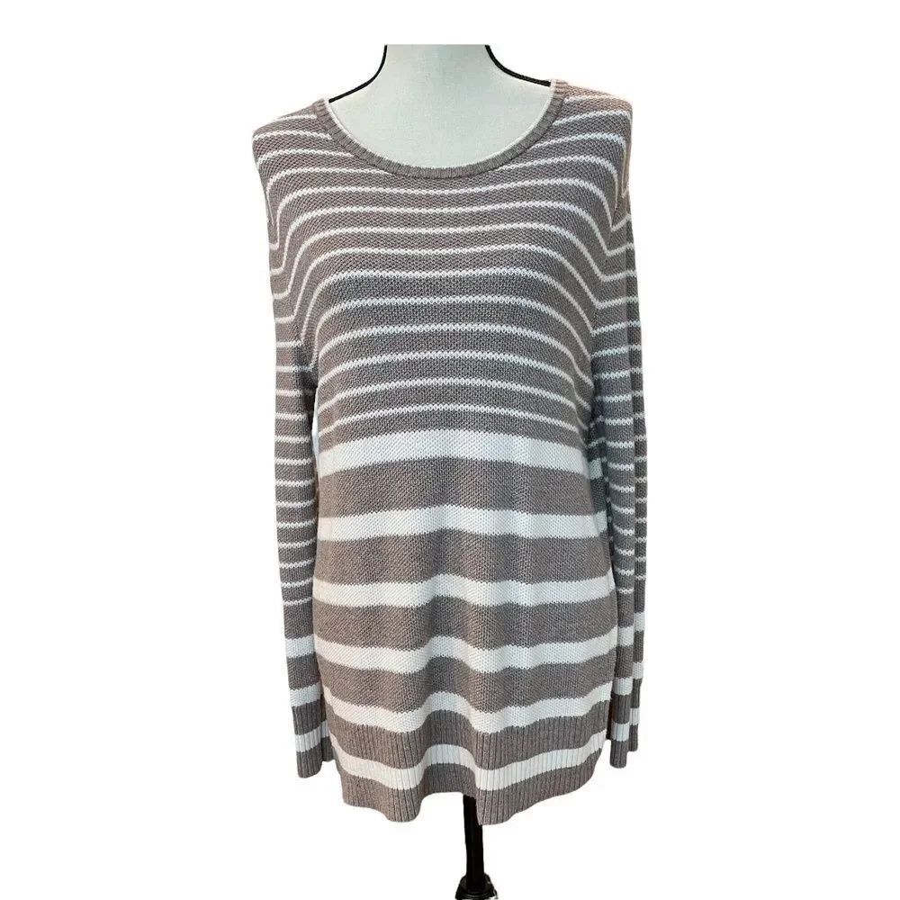 Athleta Taupe White Relaxed Cozy Soft Crewneck Long Sleeve Knit Top Womens XXS - Picture 2 of 14